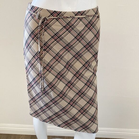 Vintage 90s Y2K Forever 21 Black Label Plaid Tan Pencil Skirt w Attached Belt - Picture 5 of 7